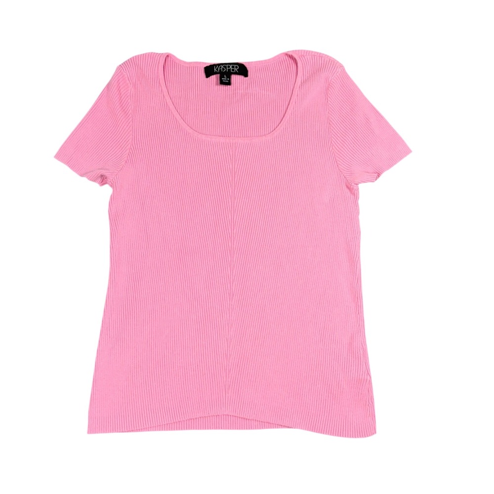Kasper Womens Pink Ribbed Knit Short Sleeve Scoop Neck Top Size L